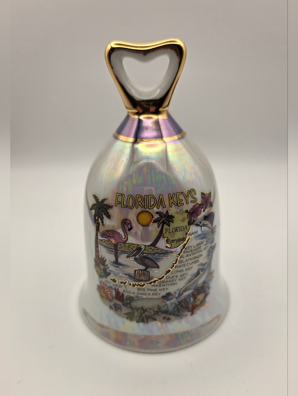Florida Keys Florida Lusterware Souvenir  Bell w/ Gold Tone Heart Handle